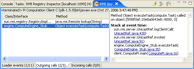 RMI Spy view showing the logged stack trace at the point of method call