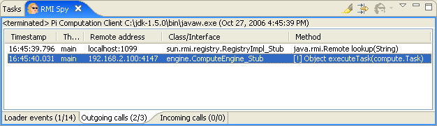 RMI Spy view showing a remote method call that threw a RemoteException